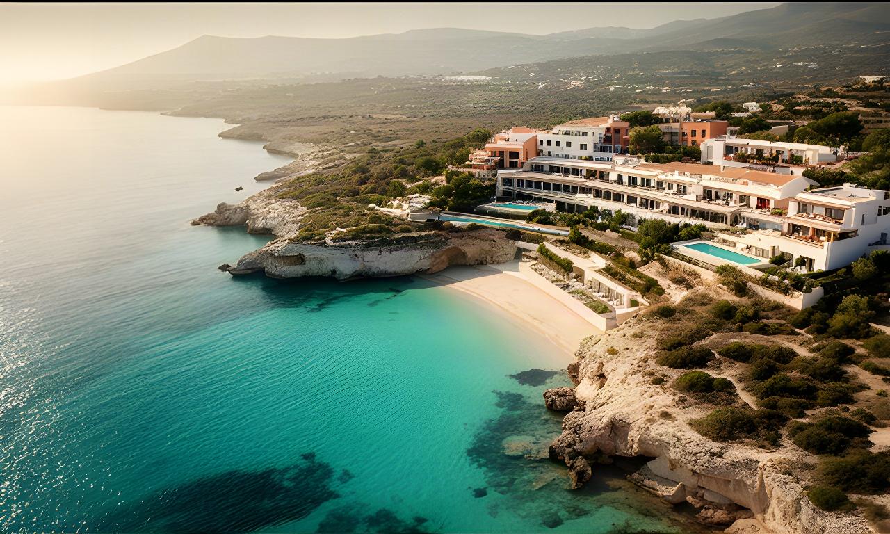 Vista aérea de una cala turquesa de Ibiza junto a un hotel integrado en la costa