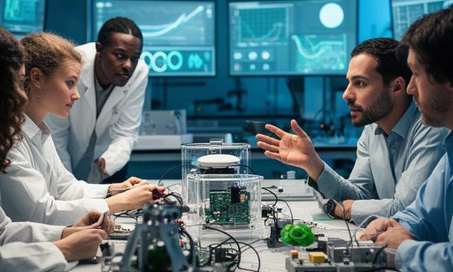 Equipo de investigación trabajando en un laboratorio tecnológico con pantallas y prototipos sobre una mesa
