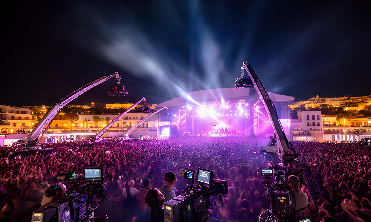 Realización multicámara de un festival musical al aire libre en Ibiza con escenario iluminado, público y grúas de cámara