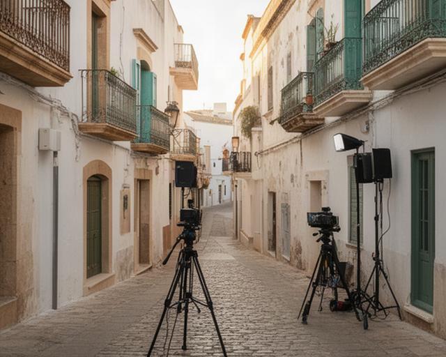 Calle empedrada del casco histórico de Ibiza preparada para una grabación televisiva