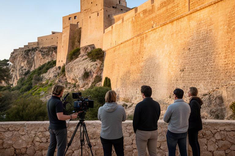 Equipo de rodaje frente a las murallas de Ibiza durante la grabación de un documental de patrimonio
