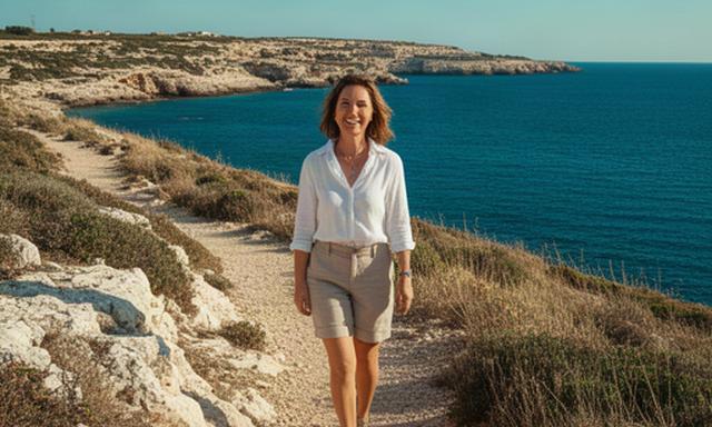 Presentadora recorriendo un camino costero de Formentera con el mar azul al fondo